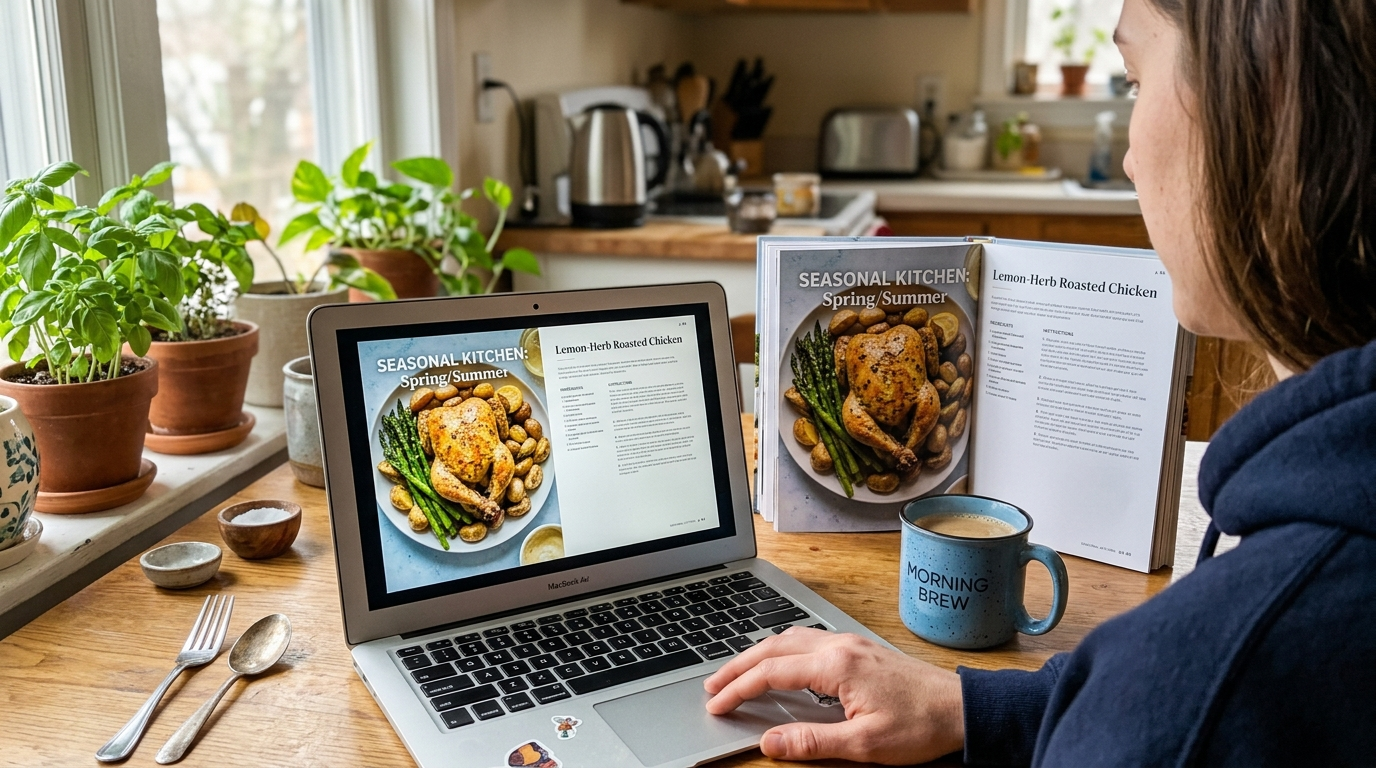 A BookMasher cookbook draft on screen — and the printed version sitting next to it. Same session.